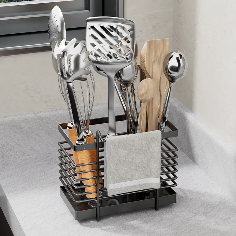 1pc Wall Mounted Utensil Holder Drying Rack For Forks Spoons Chopsticks Organizer Kitchen Storage Metal Racks