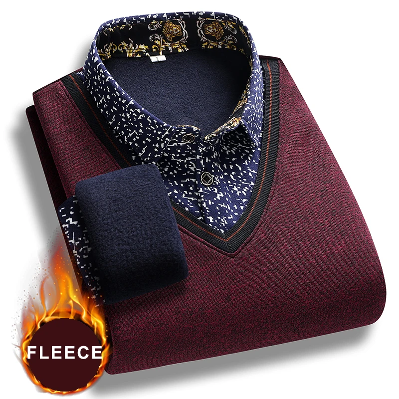 Men's Polo Neck Pullovers Autumn Winter Polo Sweater Lapel Fleece Warm Top Clothes Casual Jumpers view 5
