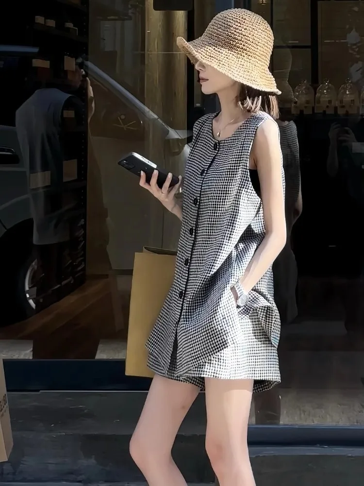 

Faionable ey клетчатый жилет и комплект orts, женский роскошный элитный летний комплект 202, модный костюм из двух предметов Ele