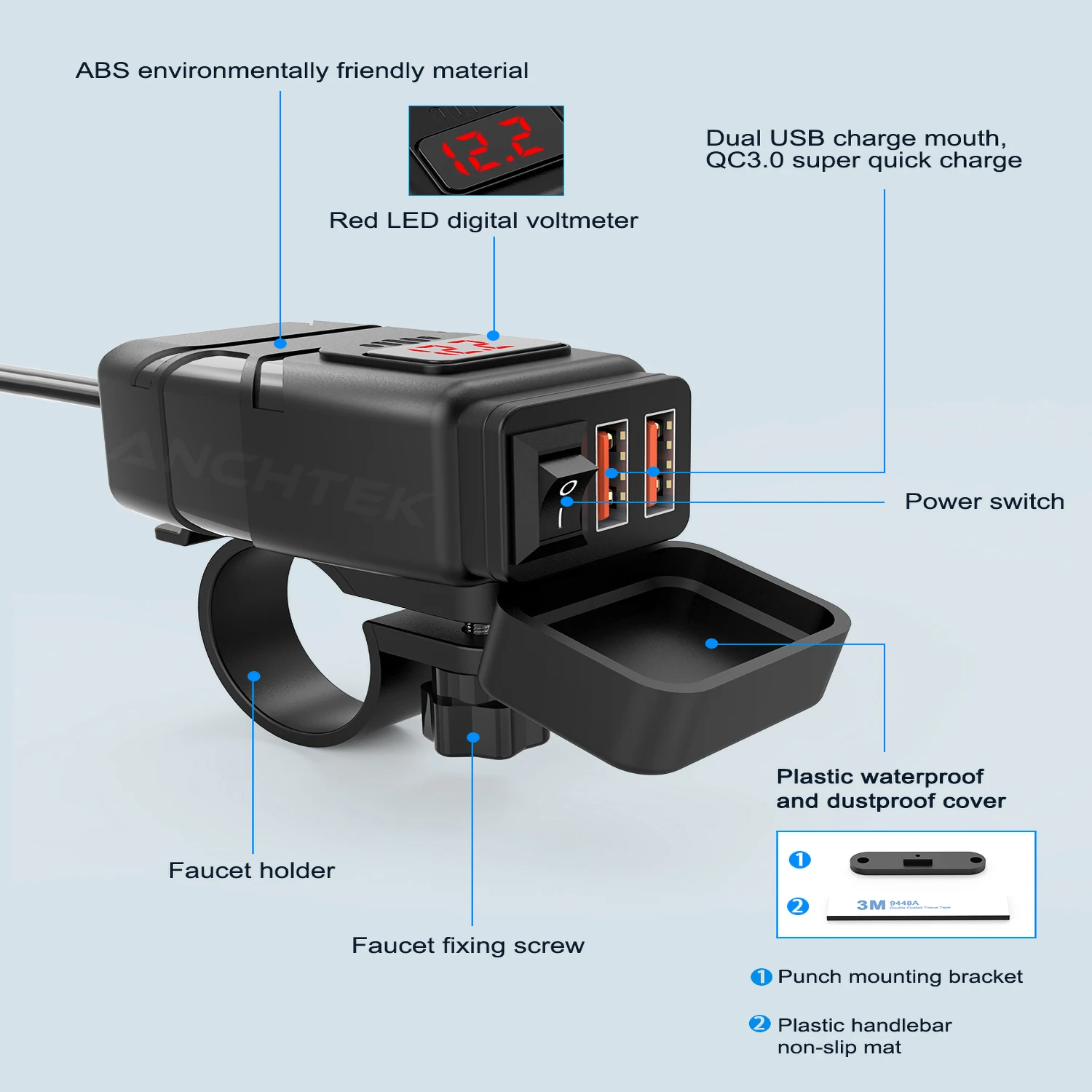 Gadpow Motorcycle USB Charger QC3.0 Handlebar Fast Charging Waterproof 12V Socket Adapter with Voltmeter Motor Accessories