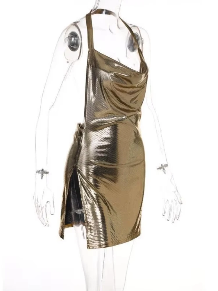 女性のためのセクシーなミニタイトドレス,非対称の衣装,ホルターネック,無地,ホルターネック,両面スリット,ストレッチ,スリム,ナイトクラブの衣装