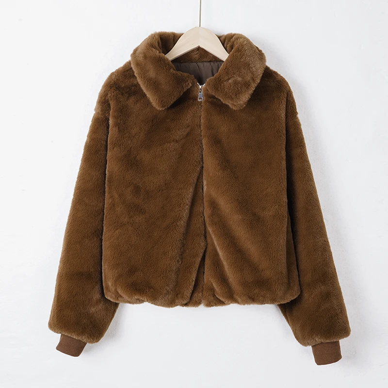 Winter Nieuwe Collectie Dames Losse Nepbontjassen Faionable Bovenkleding Rits Kraagvorm Lange Mouw Bruin Pluizige Jassen