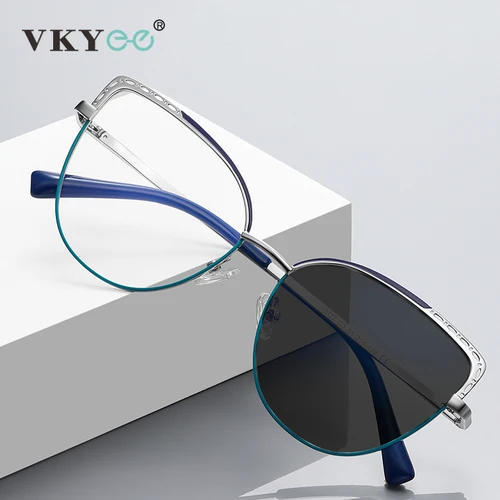 VKYEE Gafas de protección contra luz azul geométricas de metal para mujer Diseño de moda Prescripción personalizable fotocromática 3112