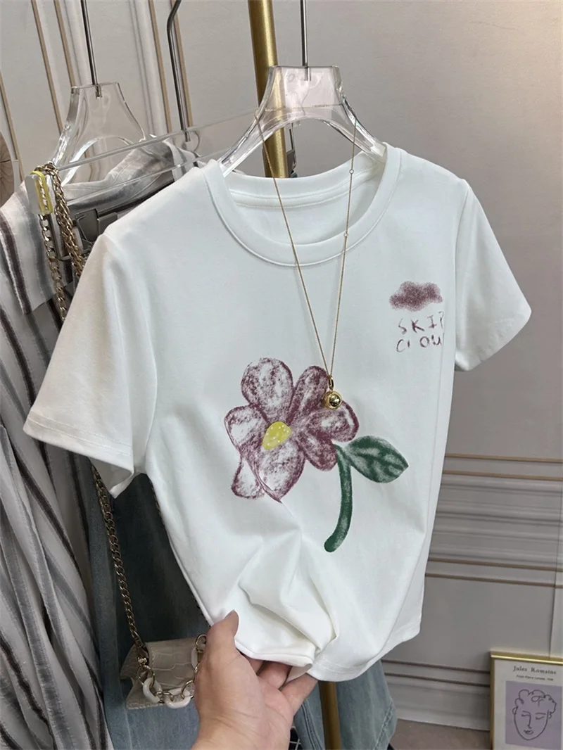 

Slim Fit Short Sleeve T-Shirt Women's American Retro Floral Print High Waist Short Version Summer Top Comfortable Cotton Blend