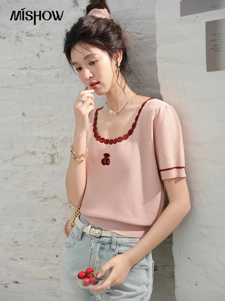 

MISHOW 2024 Summer Women's Tees Color Contrast Wave Edge U-neck Short Sleeved T-shirt Cherry Embroidered Knitted Top MXD30Z0607