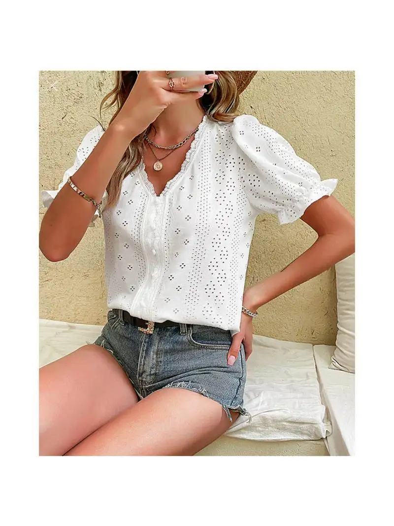

Faion Spring Women's Chiffon Blouse Casual Lady T-irt Tops Street Sle Cotton Princ Sve ort Sve Color