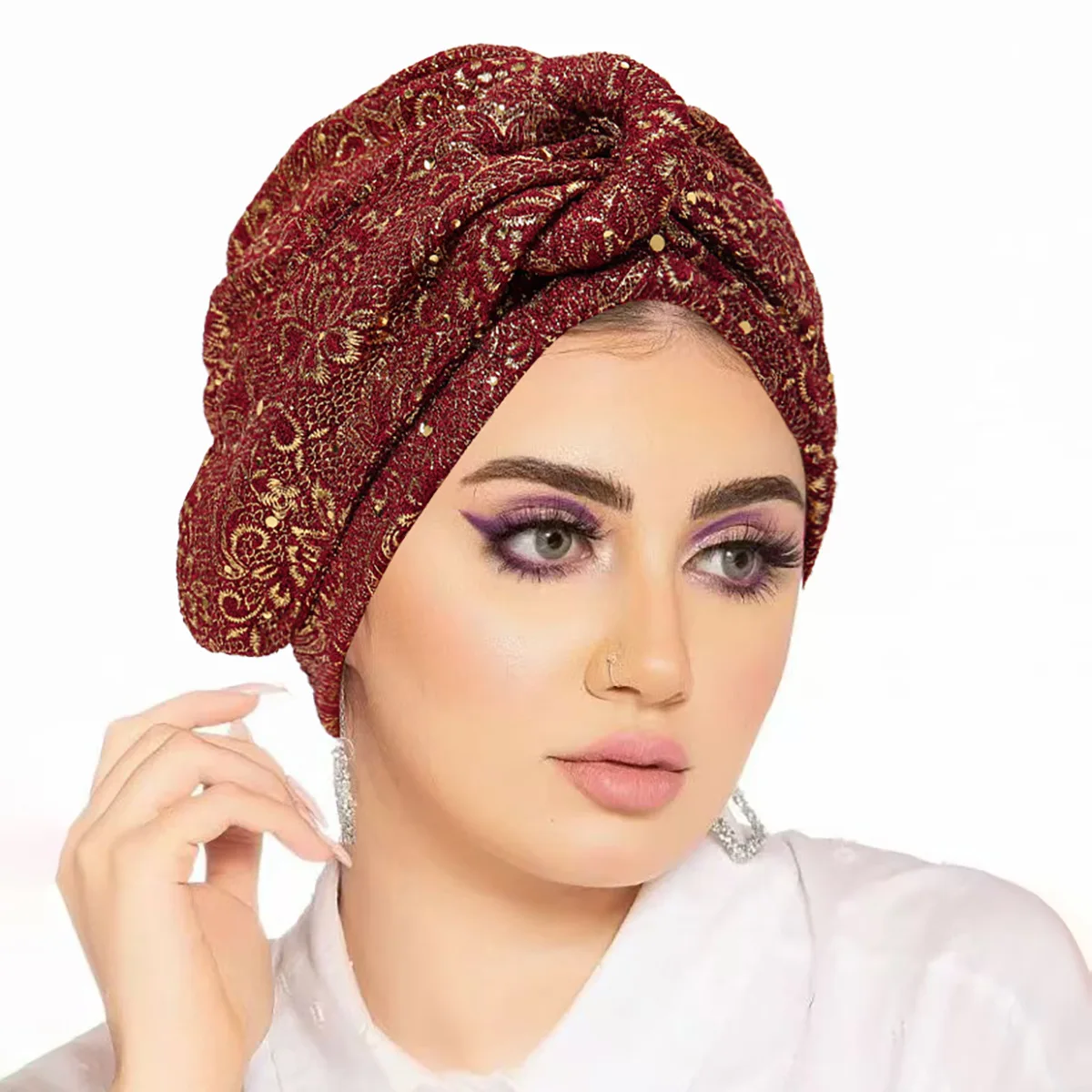 Neue Knoten Pailletten Plissee Hijab Kappe Muslimische Frauen Chemo Turban Stretchy Headwrap Schal für Haarausfall Mode Indische Femme Motorhaube – Detail 5