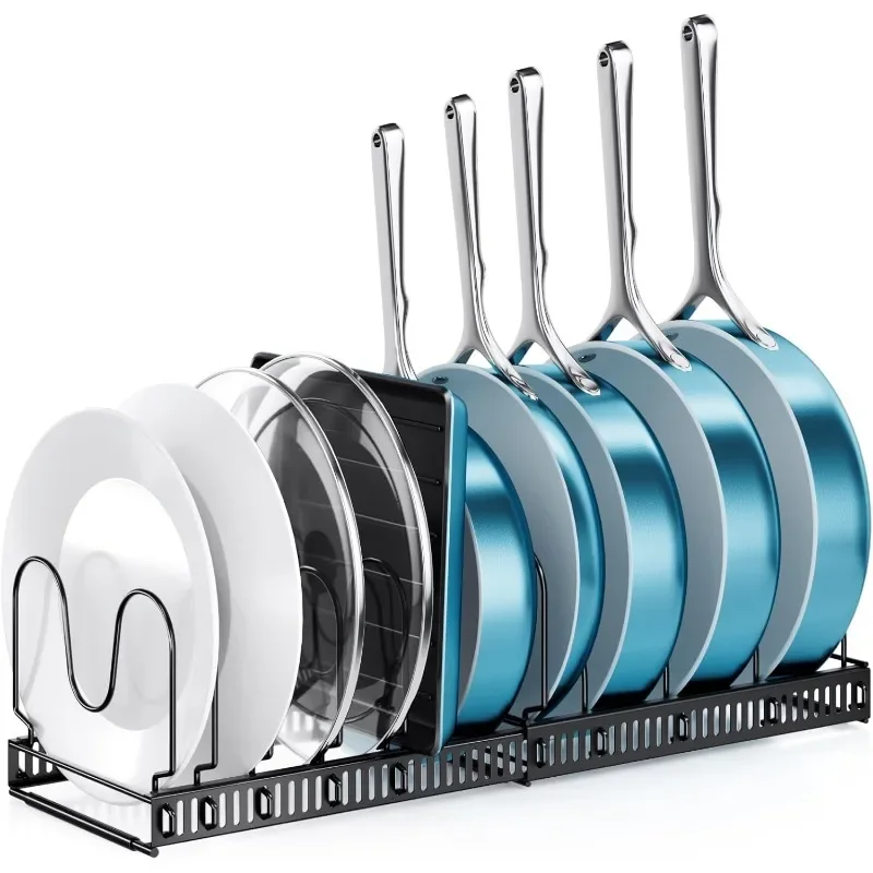 Pots and Pans Organizer: Rack for Cabinet, Expandable Cutting Board Pot Lid Organizer Holder with 10 Adjustable Dividers