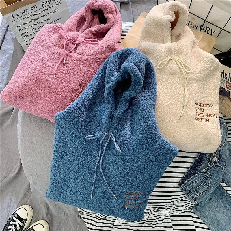 Women Autumn Winter Warm Fluffy Hoodie New Casual Hooded Pullovers Letters Lamb Wool Fleece Sweatshirt Loose Top Ropa De Mujer