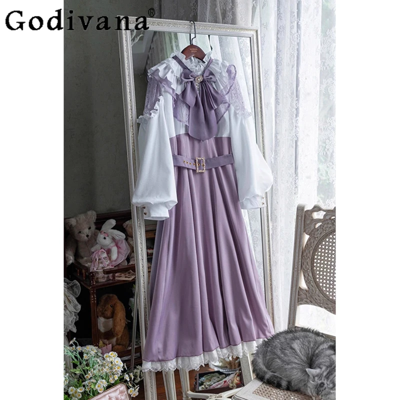 

Осеннее нежное платье в японском стиле, женское длинное платье японского производства, женское кружевное платье Лолиты с рюшами и бантом и длинными рукавами