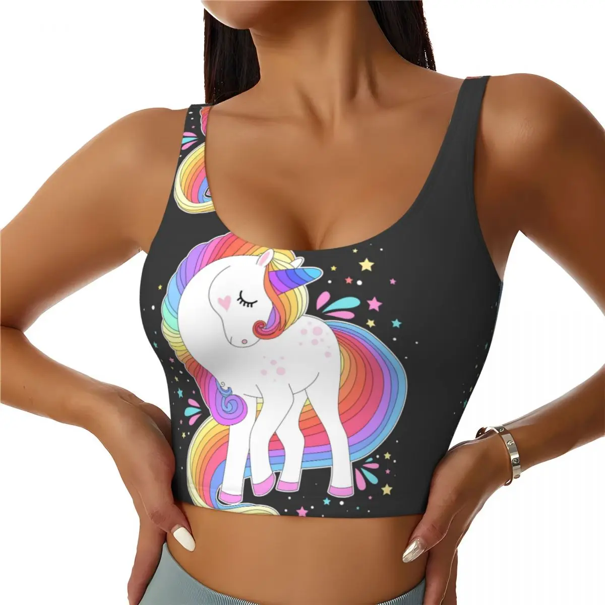 Yoga Vest Women Gym Sports Crop Tops White Unicorn With Rainbow Hair And Stars Streetwear Workout Breathable Tank Top Female