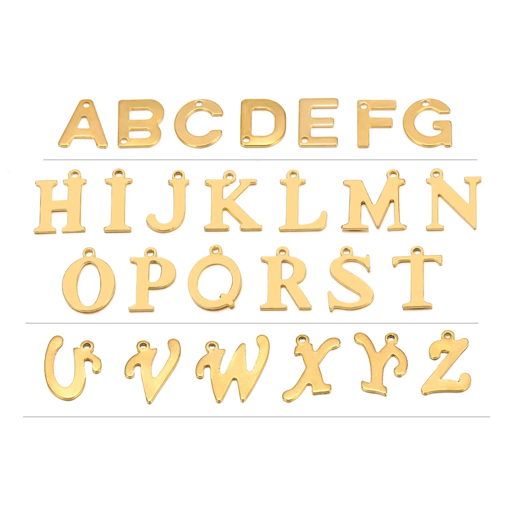 26pcs/set Stainless Steel Gold Color Thin Letter Initial Charms Alphabet Pendants for DIY Bracelets Jewelry Necklace Making