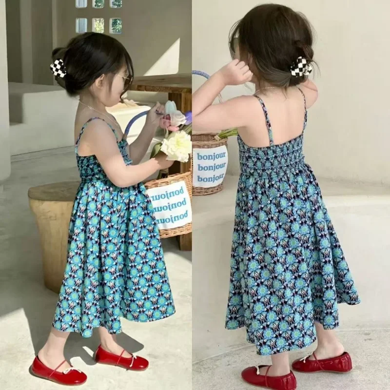 

Girls Casual Dresses 2026 Summer New Holiday Style Blue Printed Halter Princess Dresses 2-7 Years Baby Girl Clothes