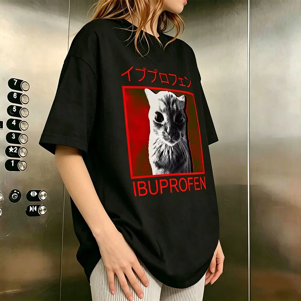 

IBUPROFEN Cat Funny Meme T Shirt Japanese Style Humor Graphic T-shirt Men Women Casual Cotton Oversized Short Sleeves T-shirts