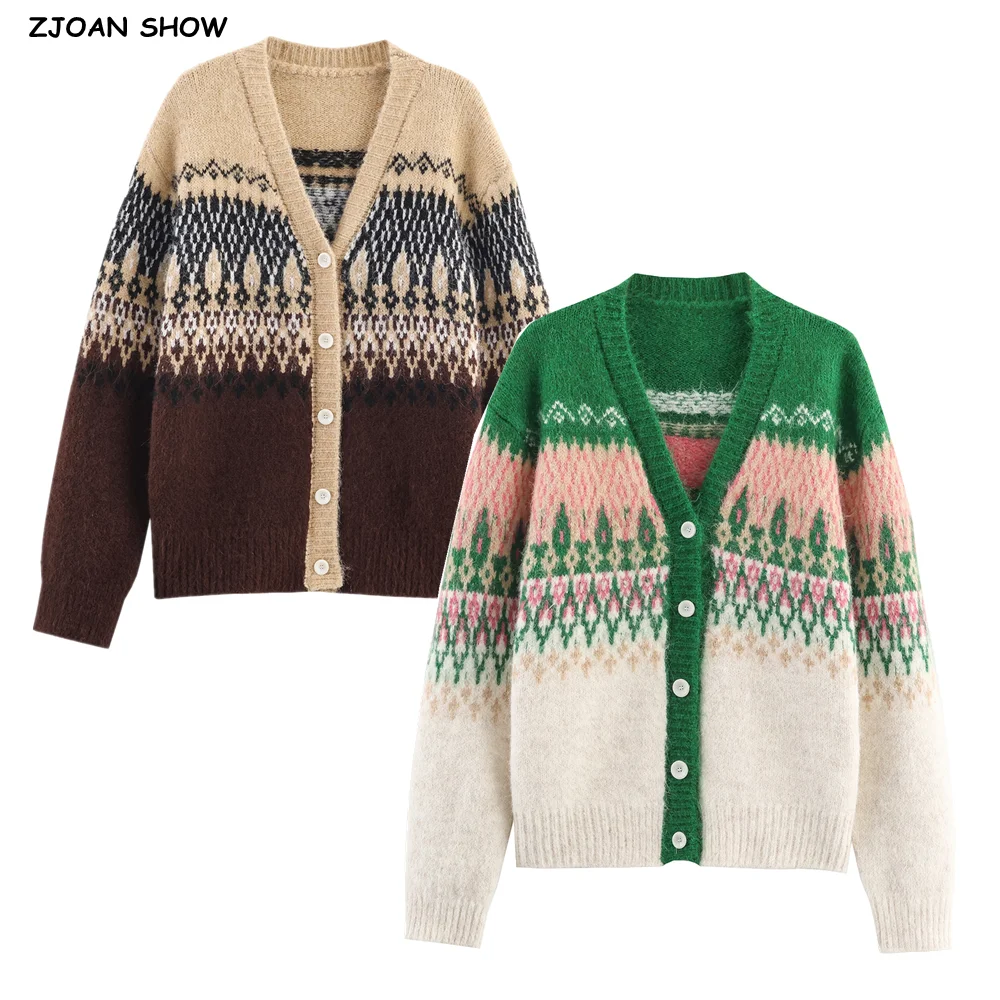 

2025 Этнический зимний женский вязаный кардиган в клетку с геометрическим ромбом и длинными рукавами, свободный свитер с v-образным вырезом, зеленый, хаки