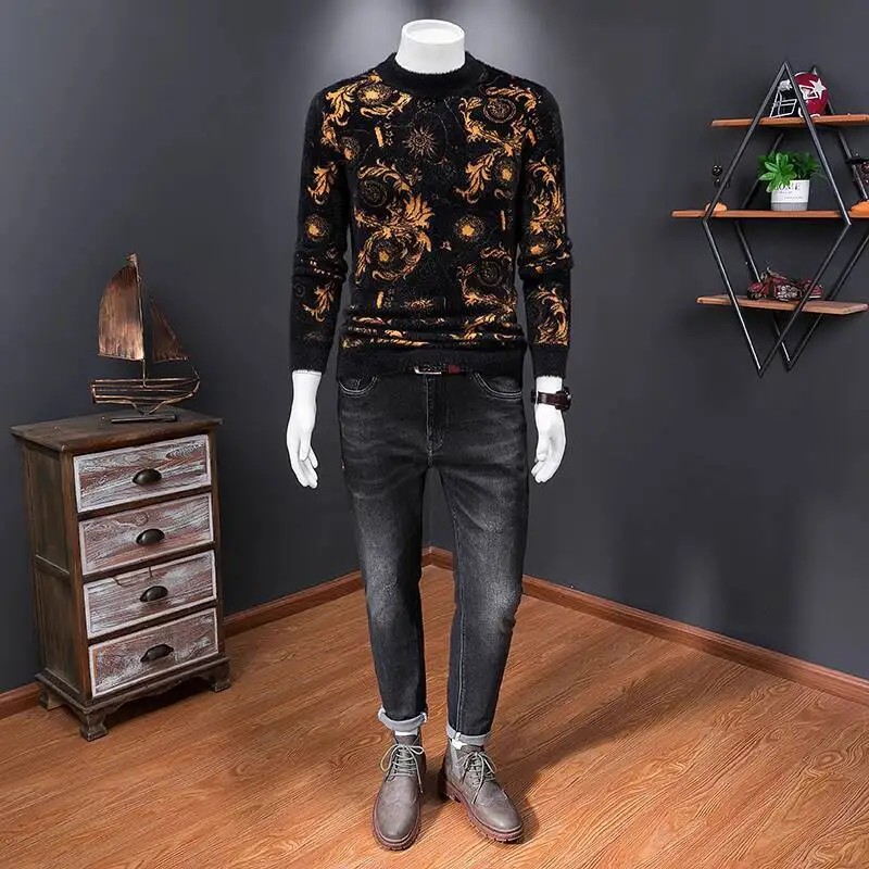 자카드 밍크 플리스 배색 의류 두꺼운 빈티지 그래픽 프린트 긴팔 슬림 풀오버 스웨터 소셜 스트리트웨어