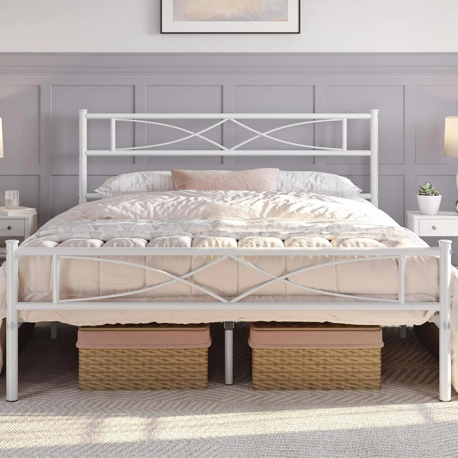 

Metal Queen Size Bed Frame, Platform Bed Frame, Mattress Foundation with Curved Design Headboard & Footboard, Box Spring Ne