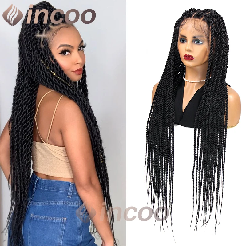 INCOO 36 pollici scatola sintetica treccia parrucca piena del merletto Faux Locs Twist intrecciato dea parrucca senza nodi Senegalese pizzo frontale trecce parrucche