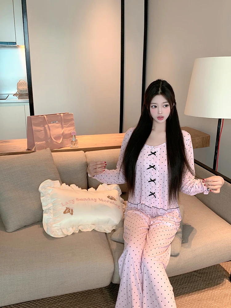 Sweet Girl Bow Polka Dot Printing Single-breasted Pajamas Summer New Comfortable Soft Outdoor Loungewear