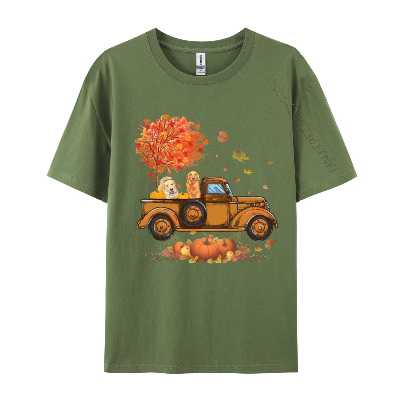 Golden Retriever Pumpkin Truck Autumn Leaf Fall thanksgiving Combed Cotton Men Crazy Tshirts Funny Tops & Tees New Design