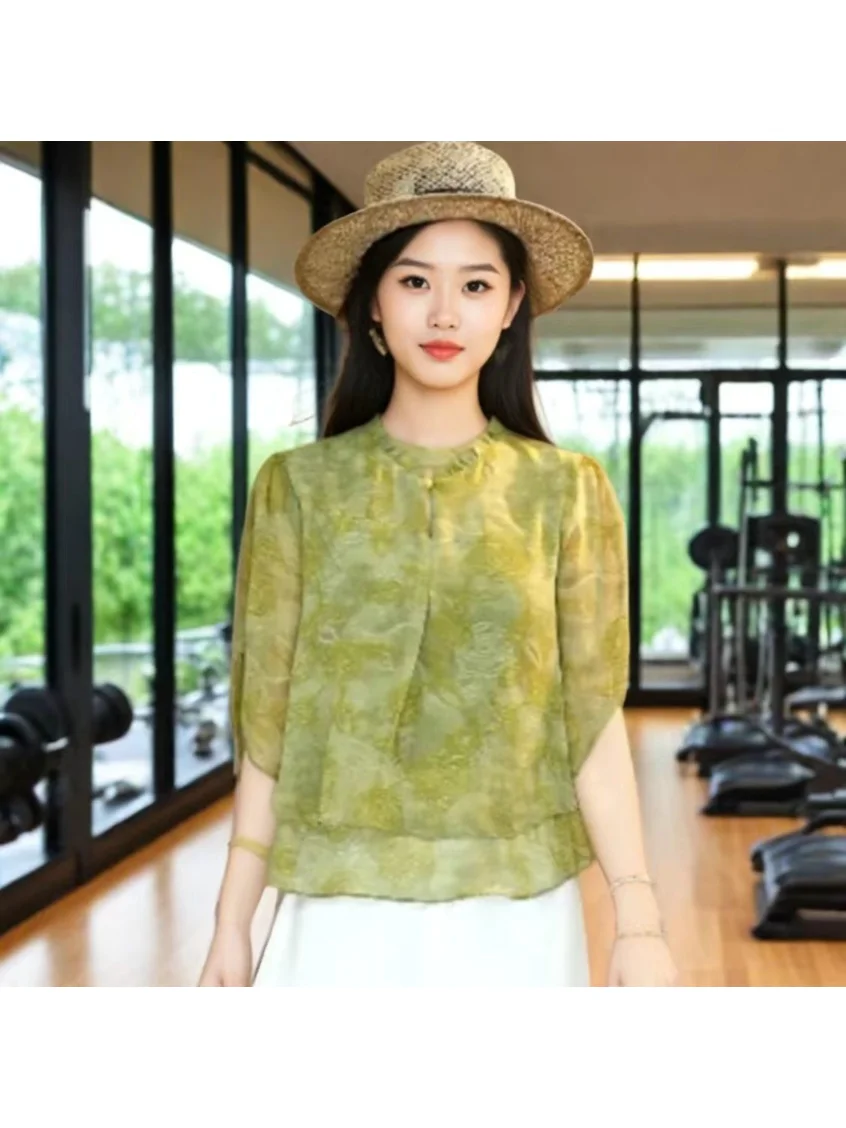 

Elegant Lightweight Loose Fit Shirt Stylish Ageless Design Summer 2026 New Arrival Silk Blend Straight Cut Knot Top