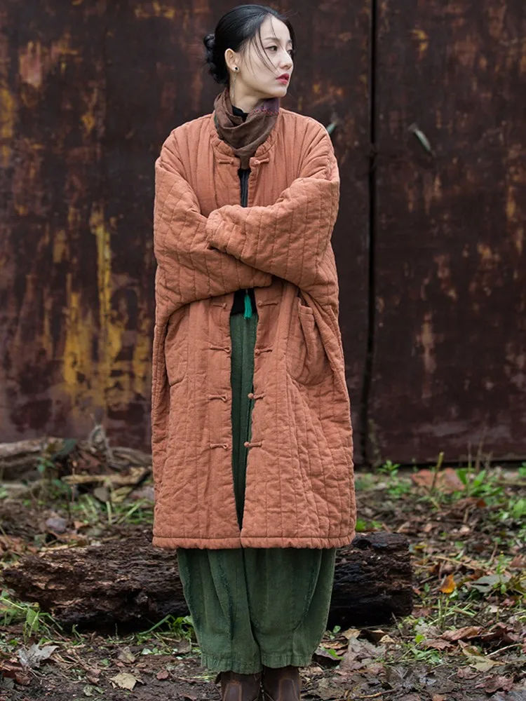 High Quality Cotton Linen Quilted Coats Women New 2024 Winter Vintage Style Loose Female Thick Warm Long Padded Jackets M164