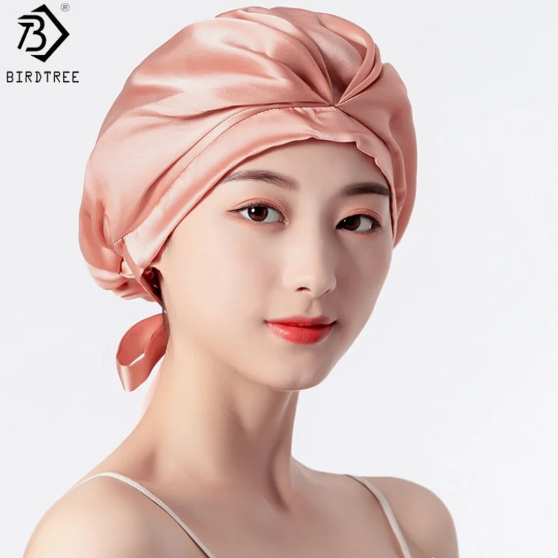 BirdTree 100% Real Silk Satin Sleep Cap for Women, Hair Care Natural Postpartum Homewear Hat, Night Bonnet with Tie S67037JF