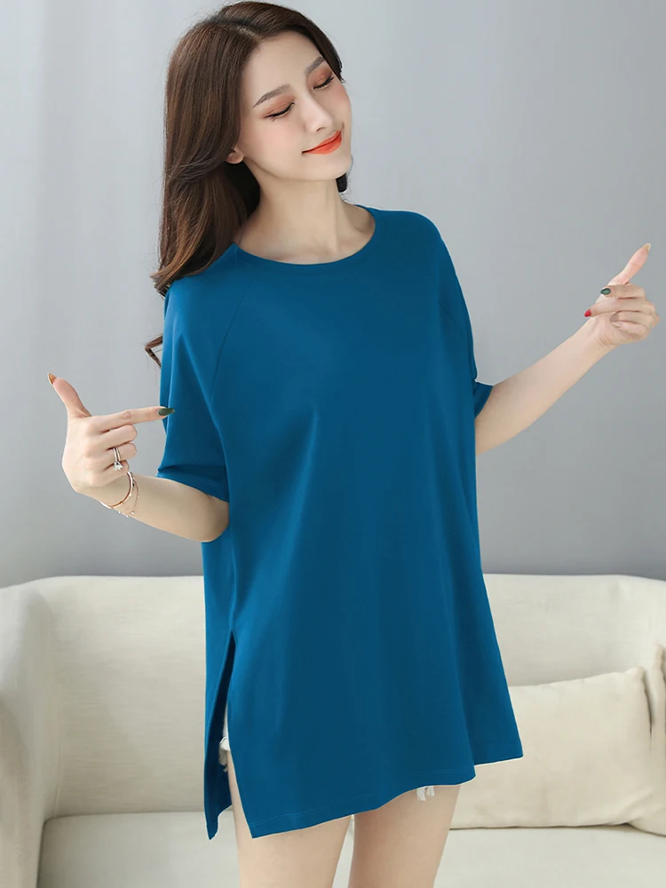 New Women Summer Loose Plus Size T-shirt Fashion O-Neck Short Sleeve Split Design Basic T-shirt Simplicity Casual Long Tees