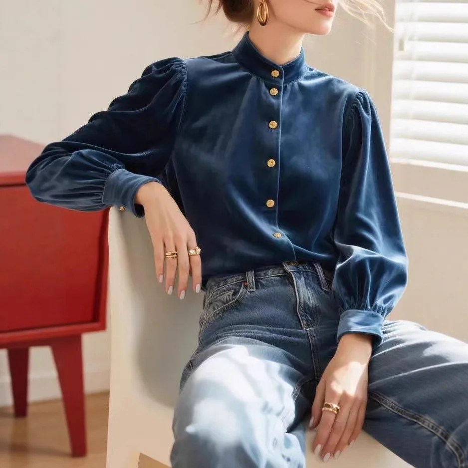Womens Shirt Spring and Autumn Korean Version Stand Up Collar Velvet Shirt Daily Casual Simple Temperament Versatile