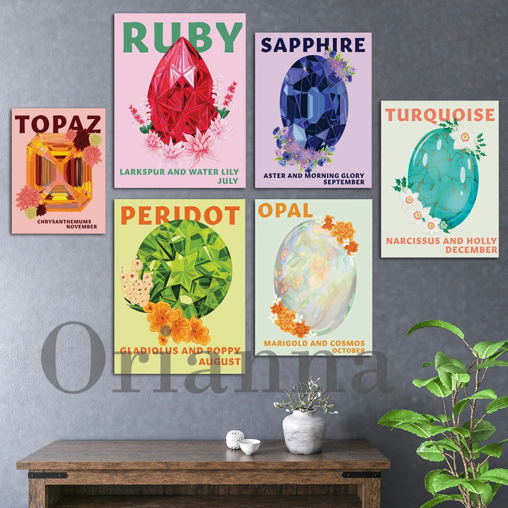 Ruby July Peridot August Sapphire September Opal October Topaz November Turquoise December Birthstone Birth Flower Prints Poster