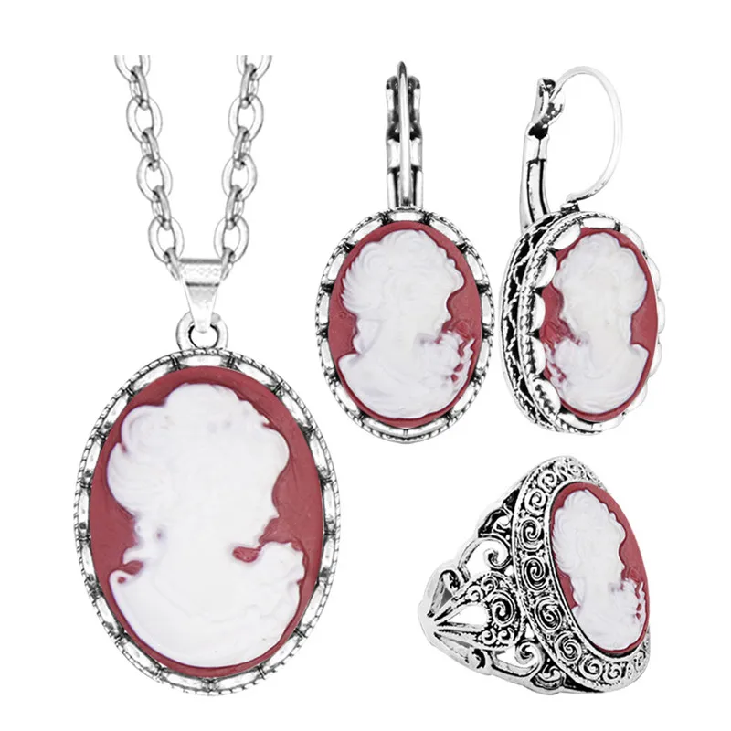 Lady Queen Cameo Necklace Earring Ring Set For Women Antique Silver Plated Oval Red Bead Fashion Flower Pendant Jewelry