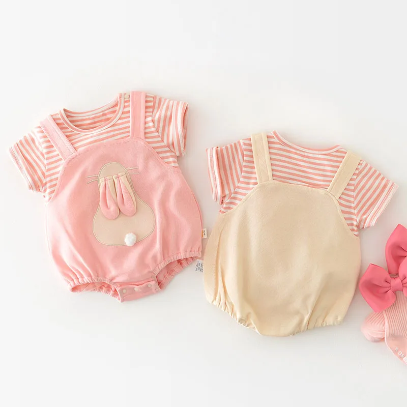 MILANCEL Summer False 2pcs Baby Girls Cute Bunny One Piece Overall Jumpsuits Cotton Infant Baby Bodysuit Clothing Outfits