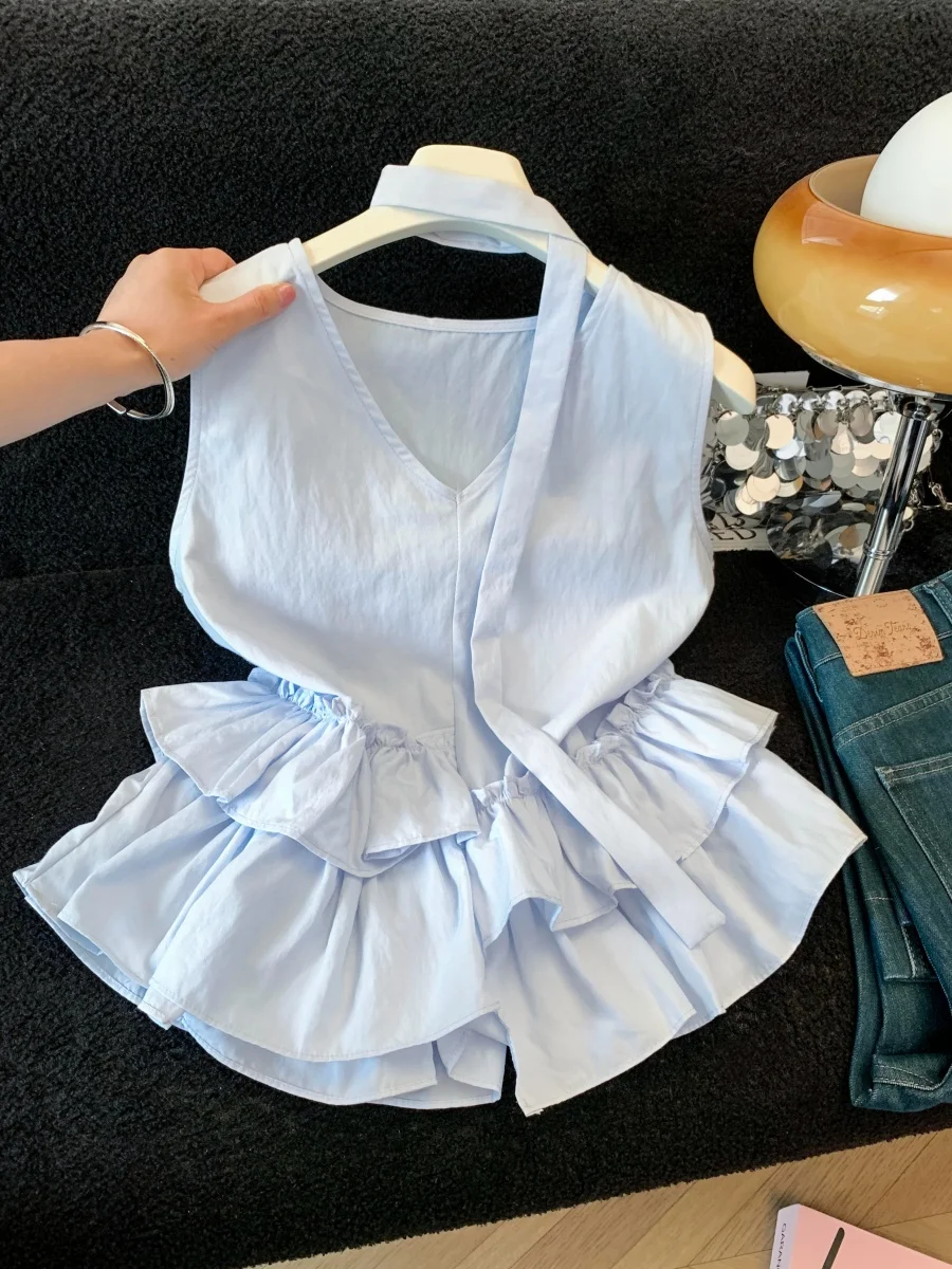 

Korean Style Ruffle Sleeveless Shirt Women Summer Design V-Neck Overhead Loose Doll Top Breathable Comfortable Skin-Friendly