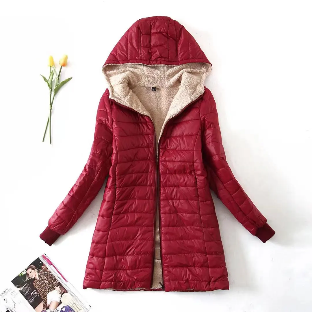 

Autumn Winter New Sle Lamb Velvet Hooded Mid-Length Women's Cotton Jaet Warm Coat Large Size Cotton Clothes