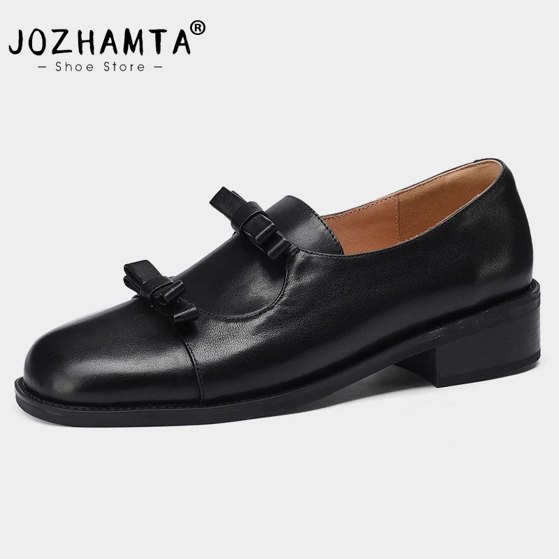 JOZHAMTA Women Vintage Loafers Genuine Leather Bow Thick Heels Shoes Spring 2025 Retro Flats Shoes Office Lady Dress Size 34-40