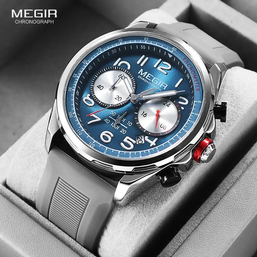 MEGIR Sport Quartz Watch for Men Gray Silicone Strap Waterproof Chronograph Wristwatch with Blue Dial Auto Date Luminous Hands