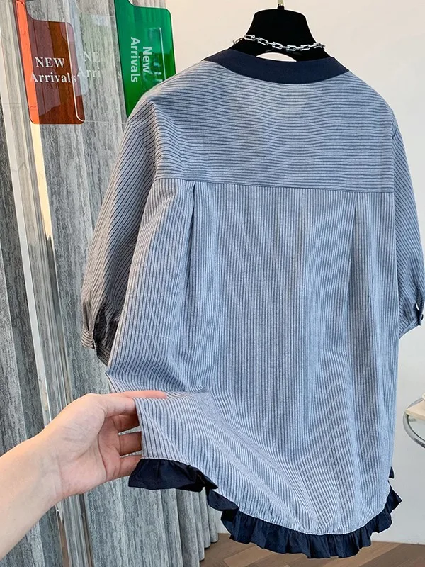 Ele Loose ort Sve Bubble Sve irt para mujer con adorno de oreja de madera Color Blo Top a rayas Agradable para la piel Transpirable