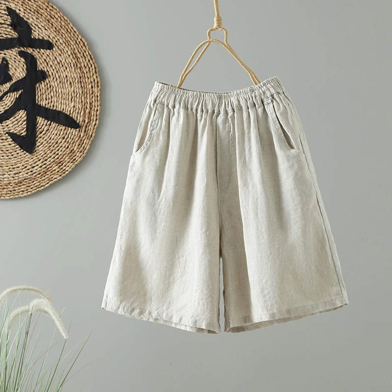 Décontracté lin femmes orts été nouveau taille élastique ample jambe droite pantalon mince modèle quatrième taille élastique taille haute
