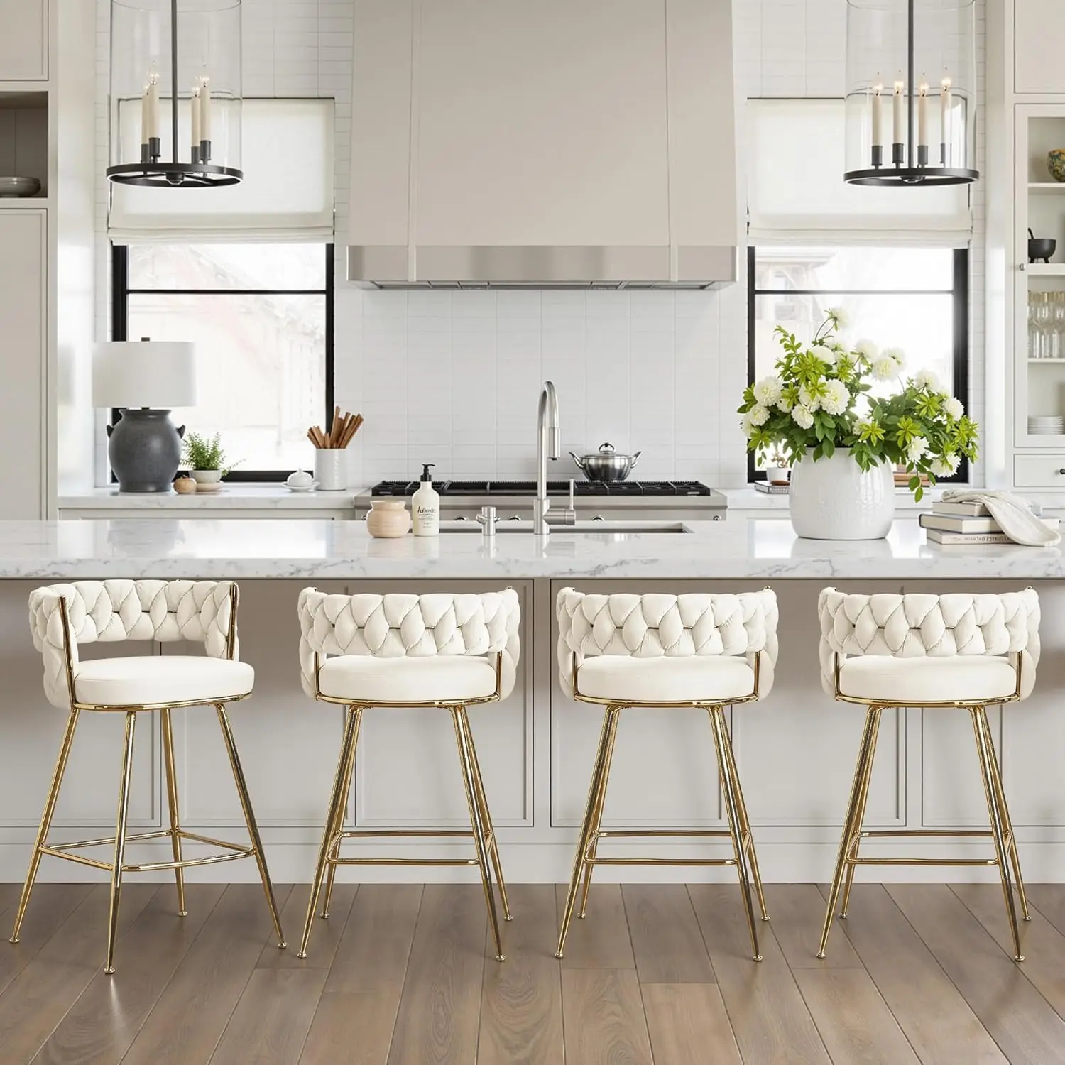 

Set of 4 White Counter Height Bar Stools with Woven Back and Footrest for Kitchen Island
