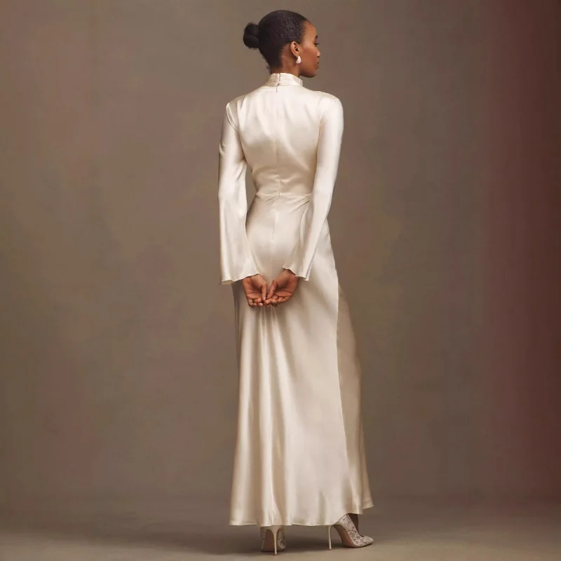 유럽 및 미국 패션 실크 새틴 롱 러치드 사교계 스타일 드레스 여성용