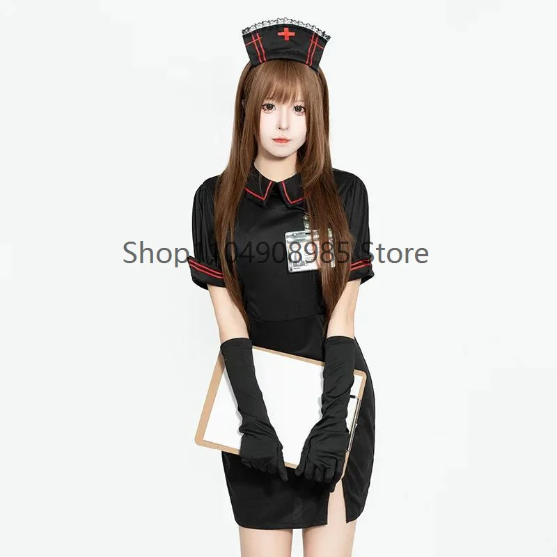 Women Dark Nurse Cosplay Costume Black Short Sleeve Slit Dress With Accessorie Halloween Masquerade Fancy Party Outfit For Ladie view 5