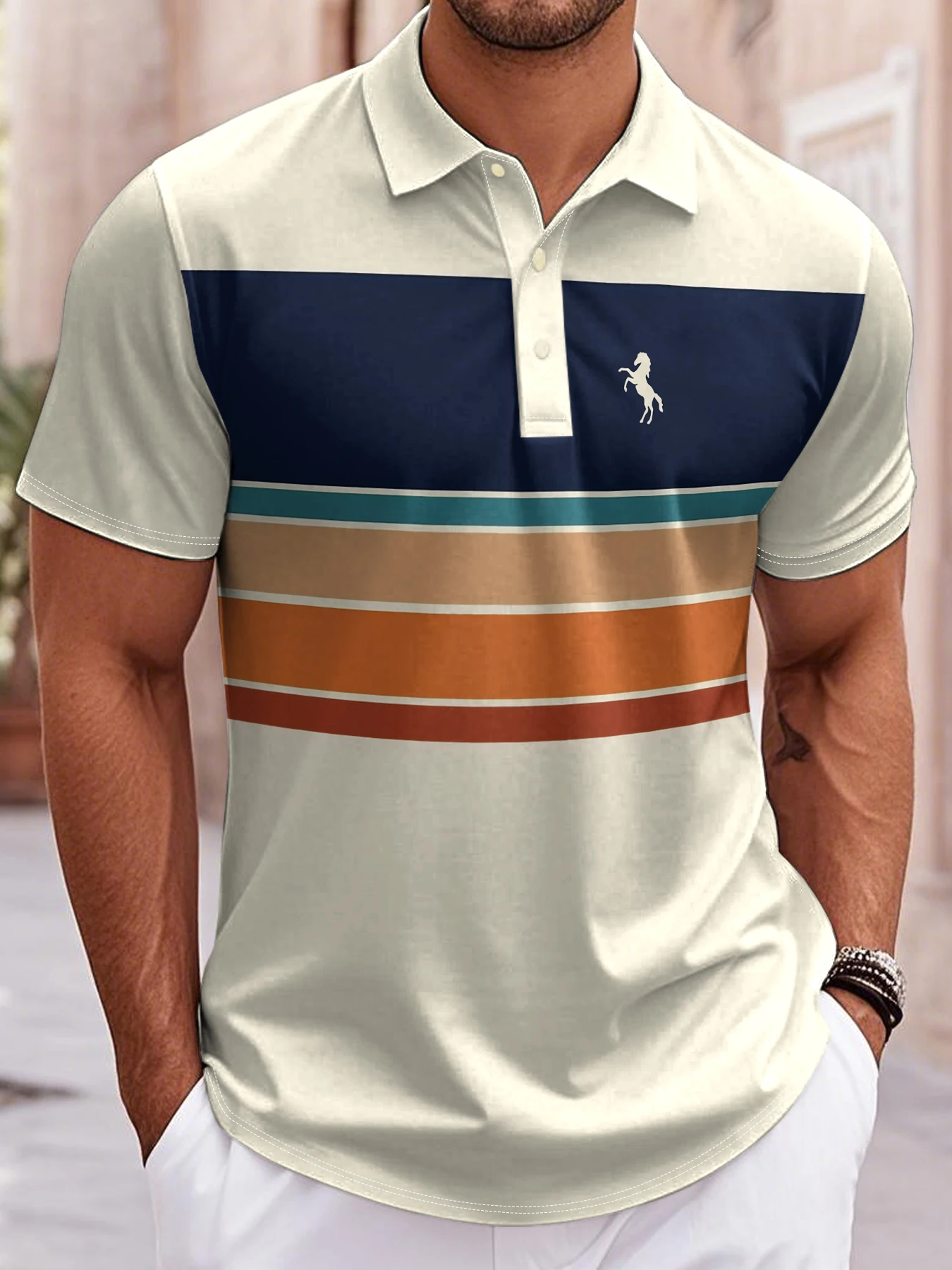

2025 Men's Summer Short Clothes Sleeved Lapel 3D Digital Printed Striped Polo Shirt Men's Business Fashion Casual Top Clothes