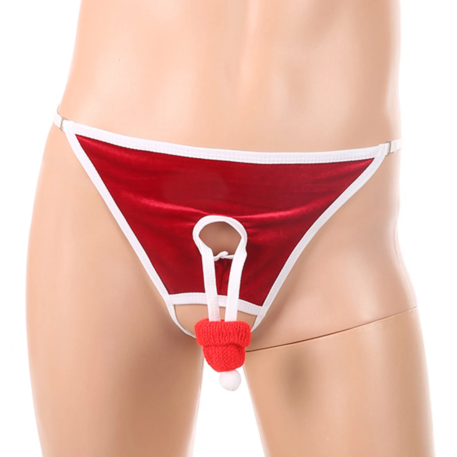 

Men Wet Look Christmas Funny Thongs Hollow Out Crotch with a Mini Hat/Bow/Fuzzy Trim Micro Bikini Briefs for Xmas Dating Night
