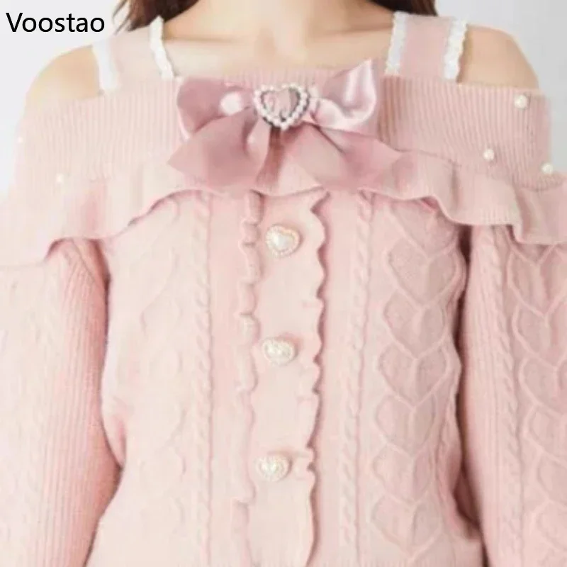 Japanese Lolita Kawaii Knitted Pullover Autumn Women Bow Heart Buckle Off Shoulder Pearl Sweater Girls Harajuku Knitwear Tops