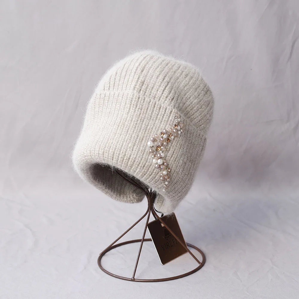 

Шапка из ангоры с жемчугом, женская зимняя вязаная шапка, теплый аксессуар, осенняя холодная погода, катание на лыжах, спорт на открытом воздухе, праздник