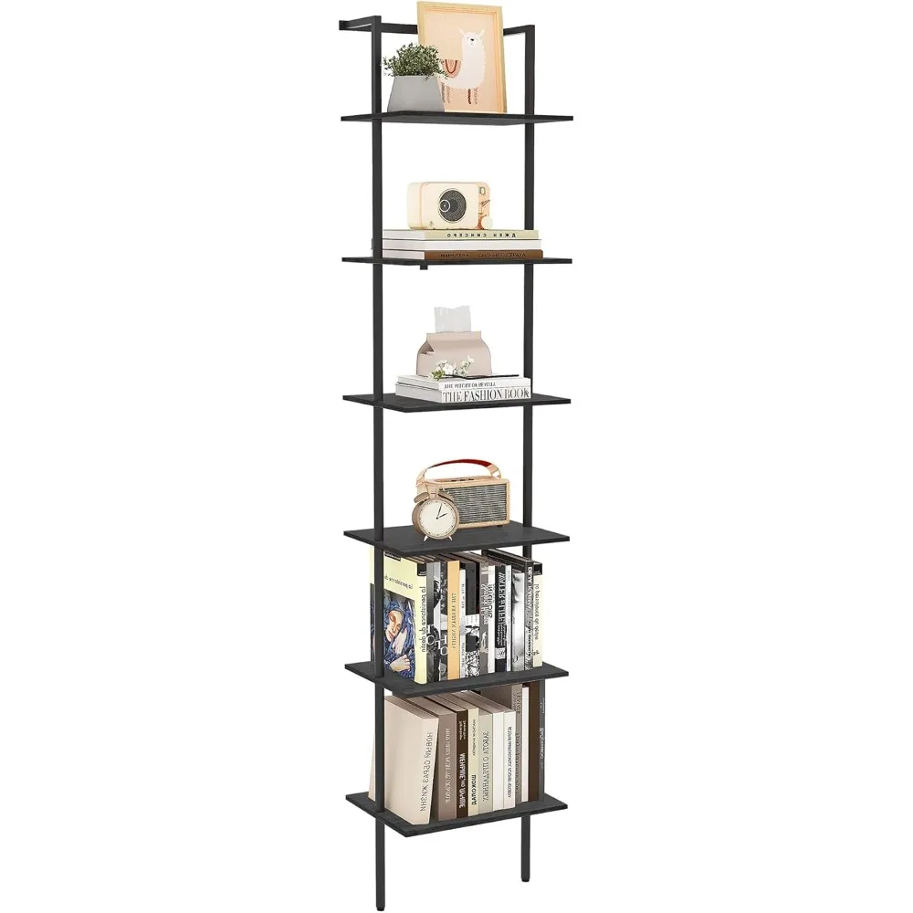 

6 Tier Ladder Shelf, 77 Inch Wall Mounted Ladder Bookcase with Metal Frame, Wooden High Open Storage Shelf & Display Stand