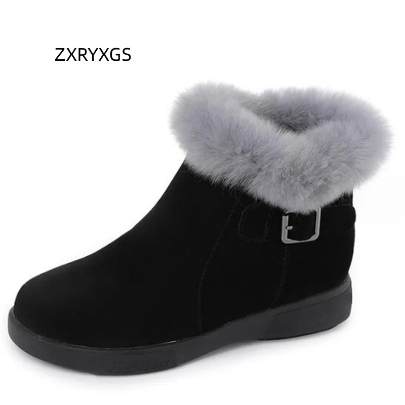 ZXRYXGS 2024 New High-end Real Rabbit Fur Cowhide Autumn Winter Shoes Woman Boots High-heel Boots Fashionable Warm Snow Boots