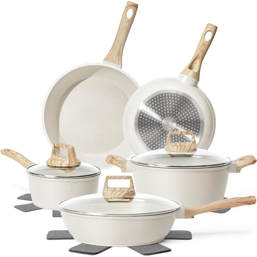 

12 Pcs Pots and Pans Set Nonstick Cookware Sets White Granite Induction Cookware Nontoxic Healthy Non Stick Kitchen Cooking Set