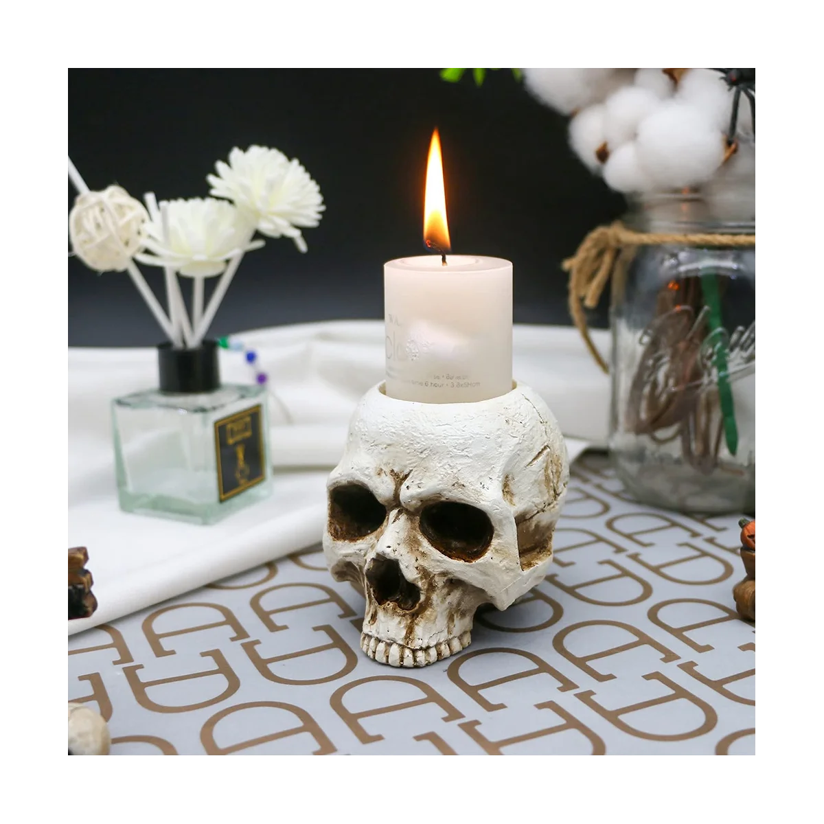 Skull Candle Holder-Gothic Shed Tears Human Skull Tealight Candle Holder Novelty Skull Bone Candlestick Halloween White