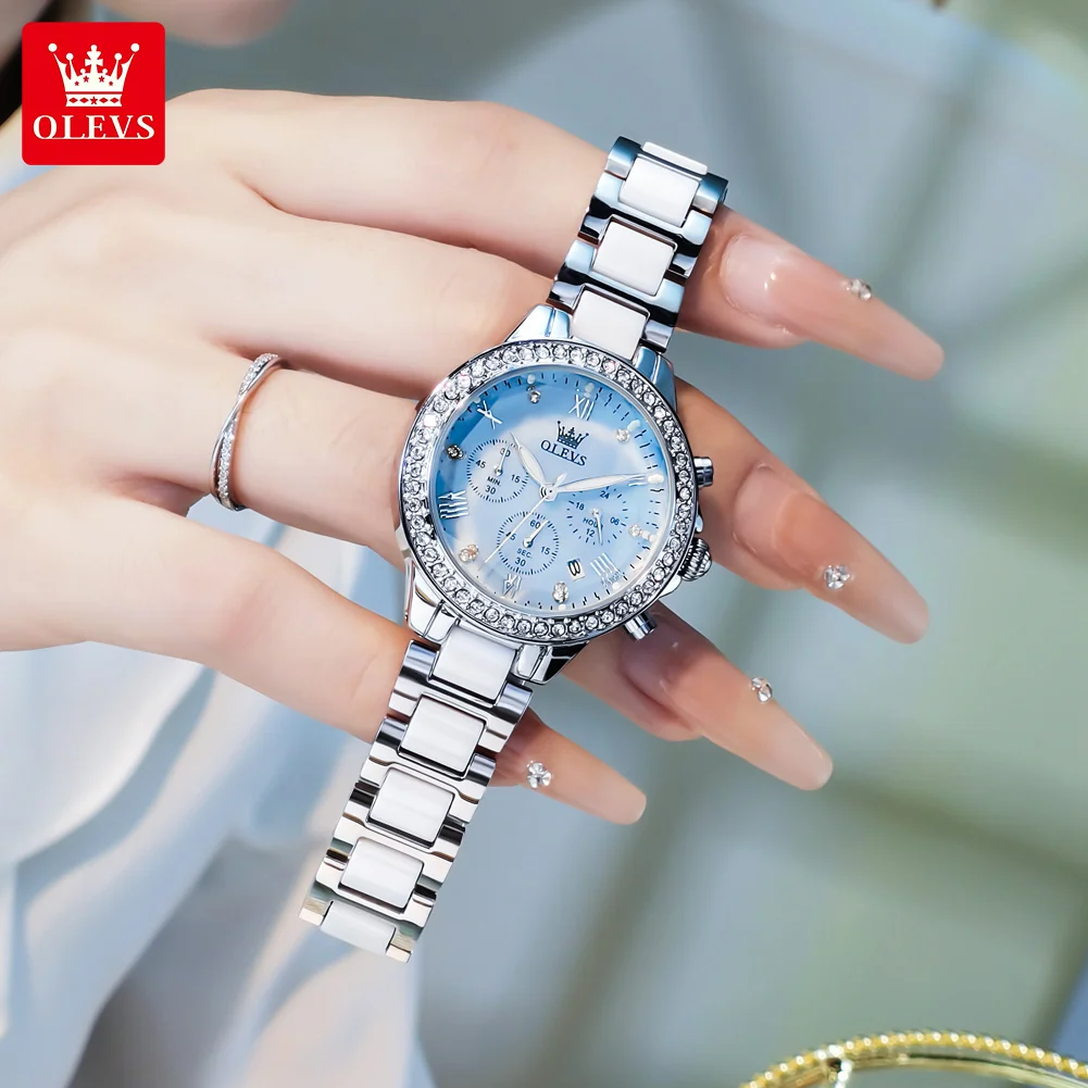 OLEVS 9999 Elegant Ladies Quartz Watch Women Tiffany Blue Waterproof Wrist Watches Fashion Ceramic Steel Strap Hand Clock Gifts
